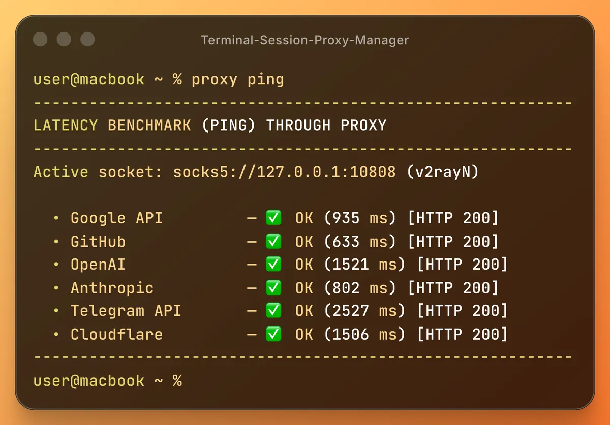 The proxy ping command listing latency in milliseconds for each configured endpoint