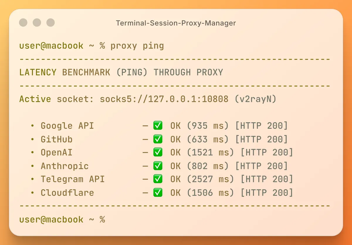 The proxy ping command listing latency in milliseconds for each configured endpoint