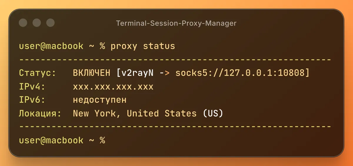 Команда proxy status показывает внешний IP-адрес, провайдера и геолокацию