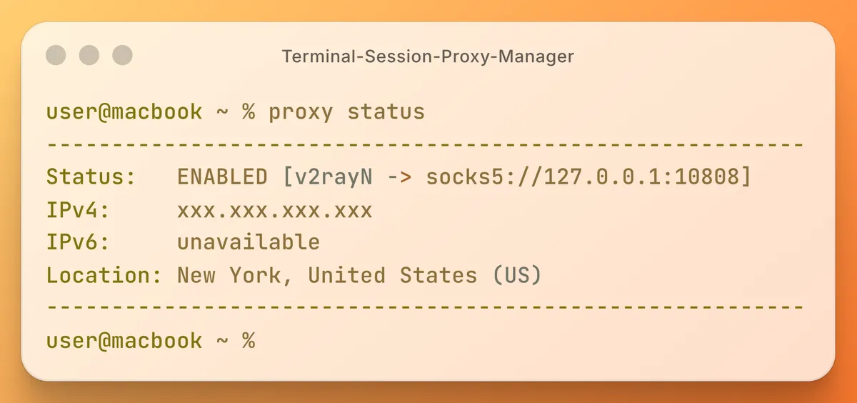 The proxy status command reporting the external IP address, ISP and geolocation