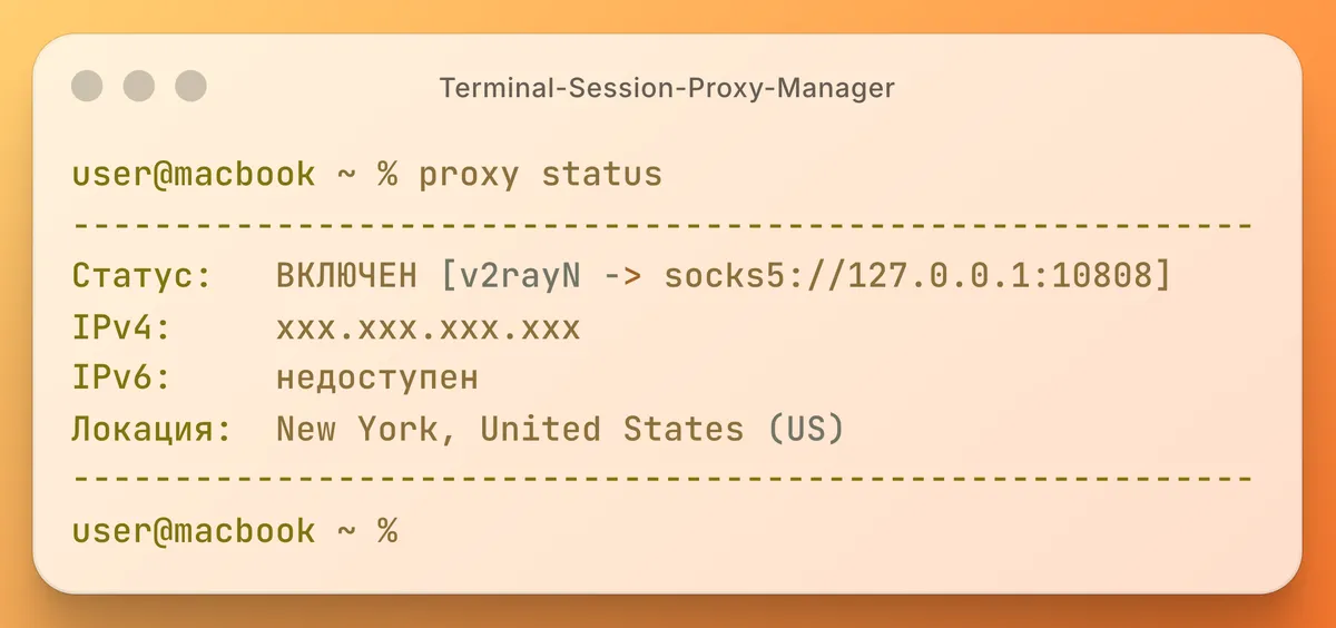 Команда proxy status показывает внешний IP-адрес, провайдера и геолокацию